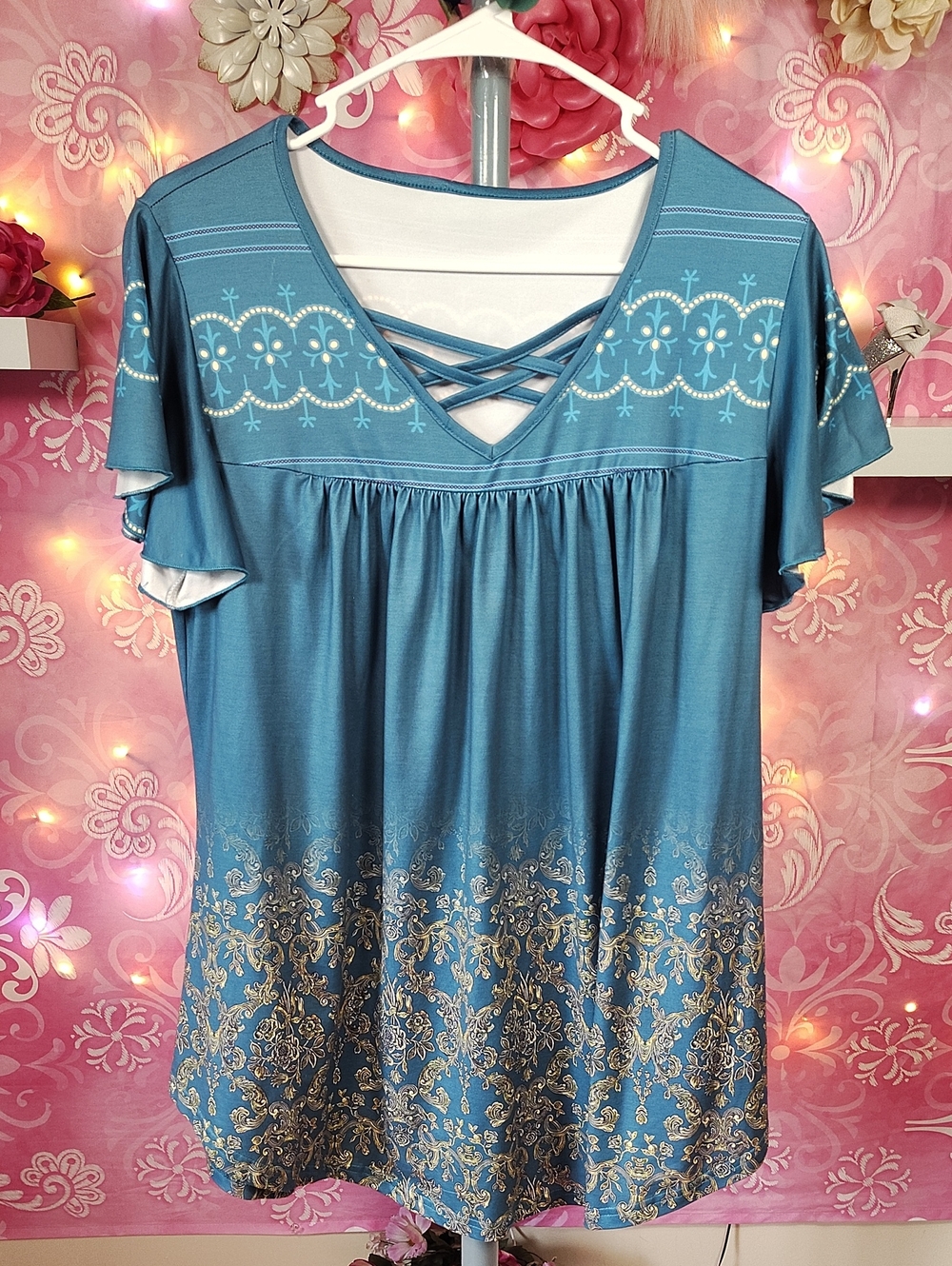 Source Unknown Teal Blue Crisscross V-Neck Tunic with Decorative Hem